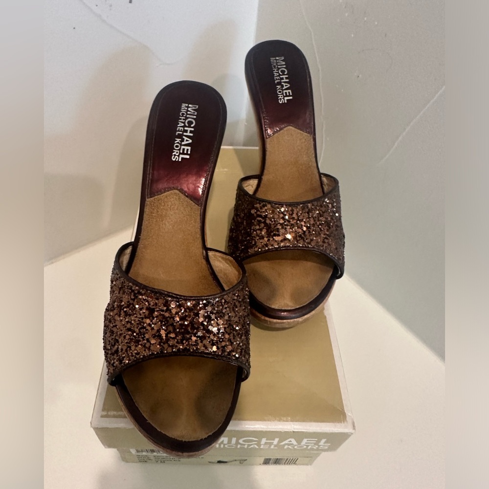 Michael Kors Brown/Gold Sparkle Mules - size 7